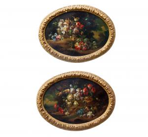 Francesco Bosso, "Coppia di nature morte floreali", olio su cartone, Epoca '900, Francesco Bosso, ‘Pair of Floral Still Lifes’, oil on cardboard, 20th century